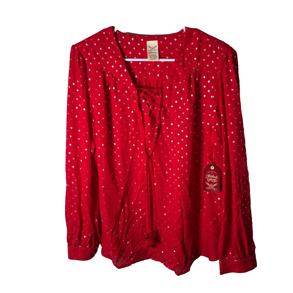 Faded Glory Blouse Women's Large Red Metallic Tie Long Sleeve Lace Up NWT